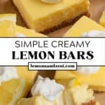 Creamy lemon bars with piped whipped cream and lemon slice on parchment and then lemon bar with bite taken out.