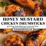 Grilled honey mustard chicken drumsticks on parchment with chopped parsley.