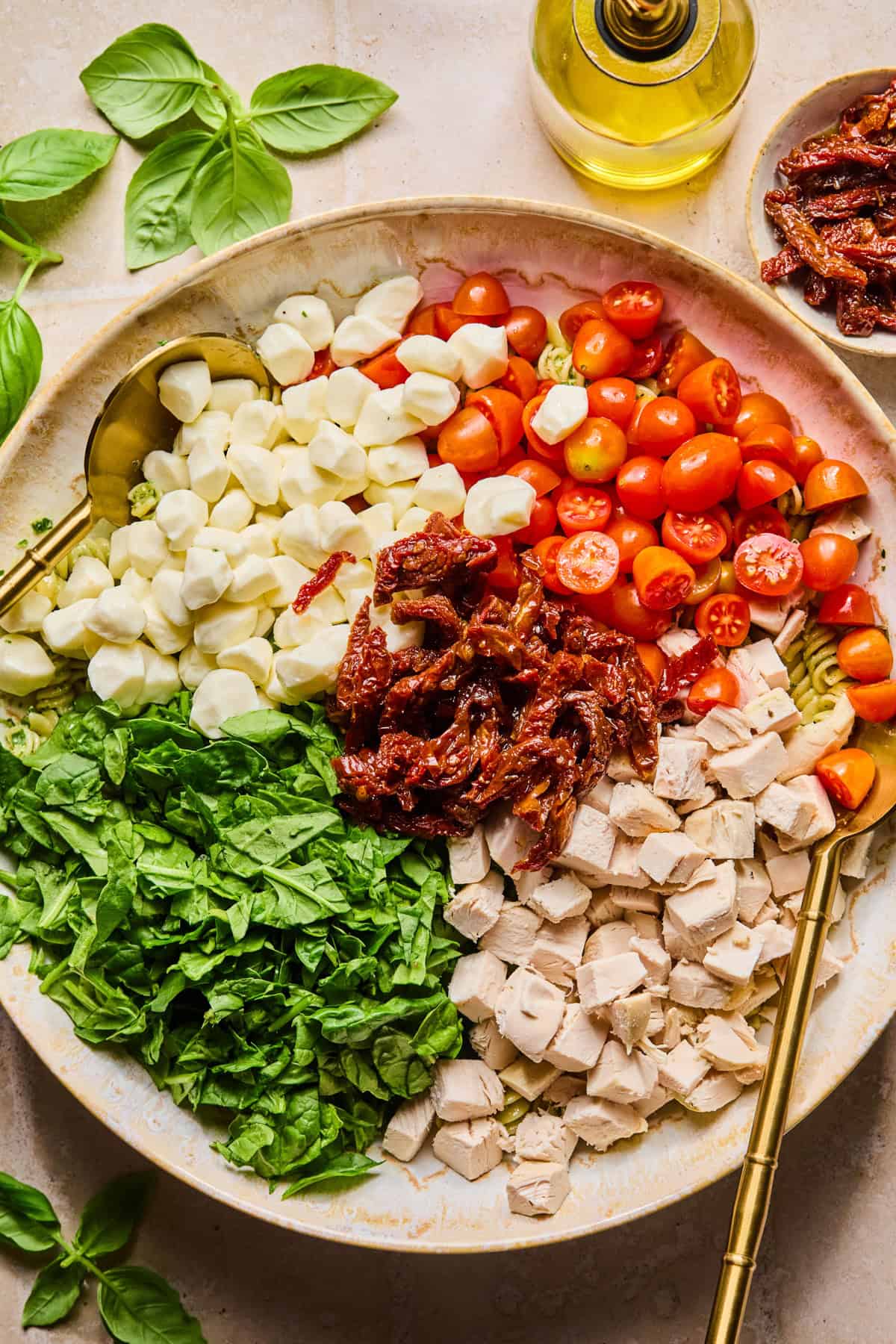 Chicken, mozzarella, sun-dried tomatoes, spinach, and other ingredients on top of pesto pasta.