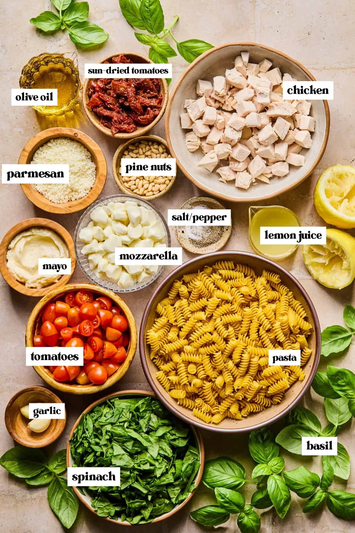 Spinach, basil, chicken, pasta and other ingredients for recipe labeled on surface.
