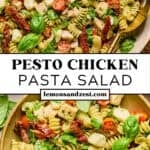 Pesto chicken pasta salad in bowl with serving utensil and then in bowl topped with fresh basil.