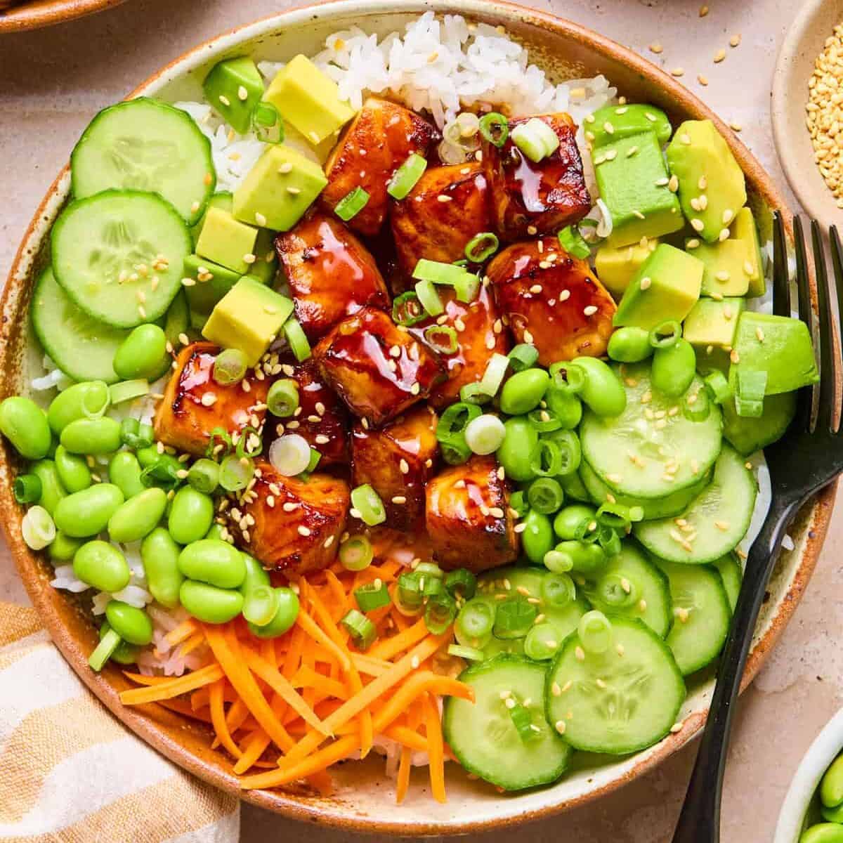 Bowl with teriyaki salmon, rice, green onion, cucumber and more.
