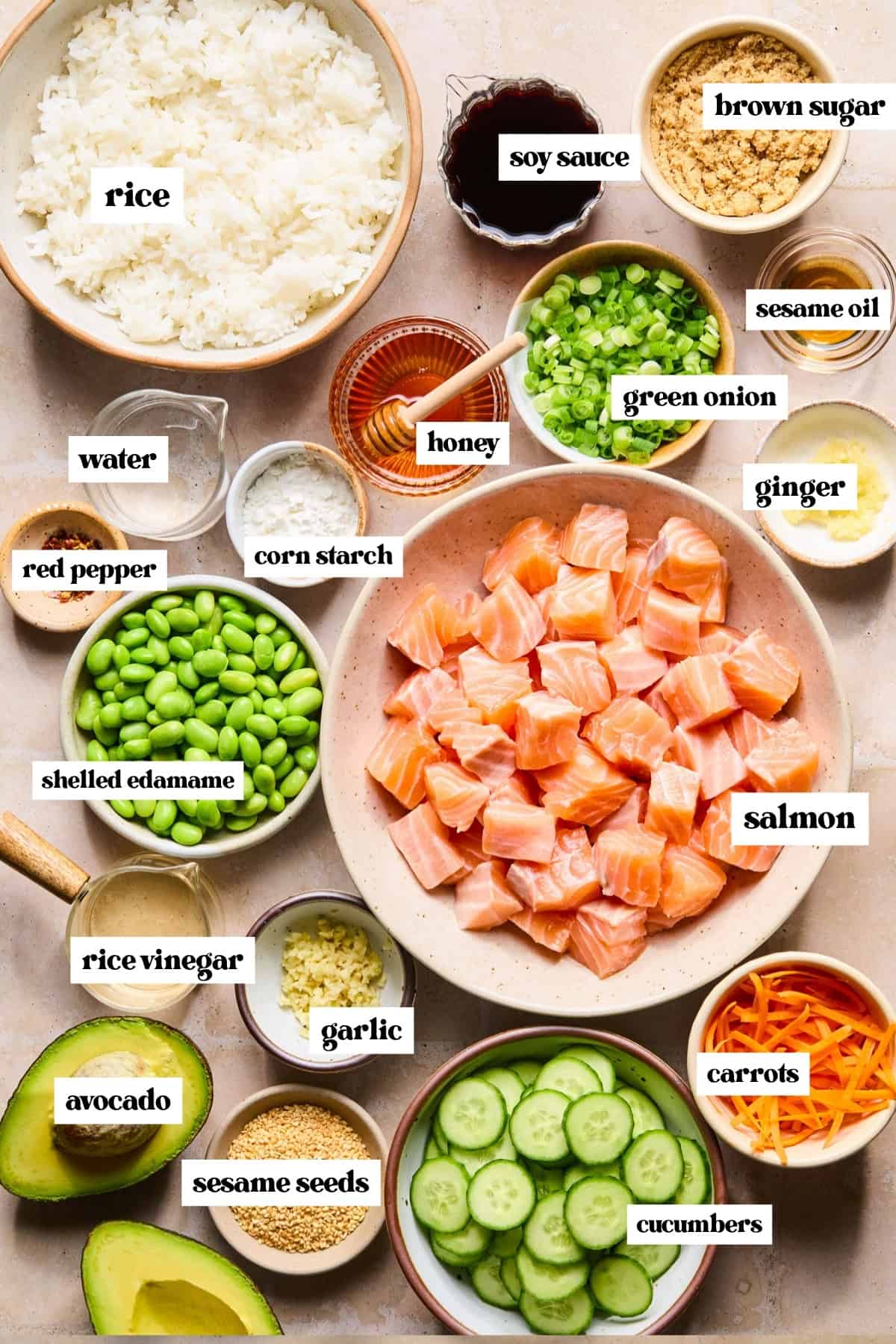 Cubed salmon in bowl, vegetables, soy sauce, rice and other labeled ingredients on surface.