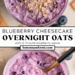Overnight oats with blueberries and graham crackers crushed over top and then with spoon scooping in.