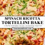Pan with no boil tortellini baked pasta with basil on top and then spoon scooping into the pan.
