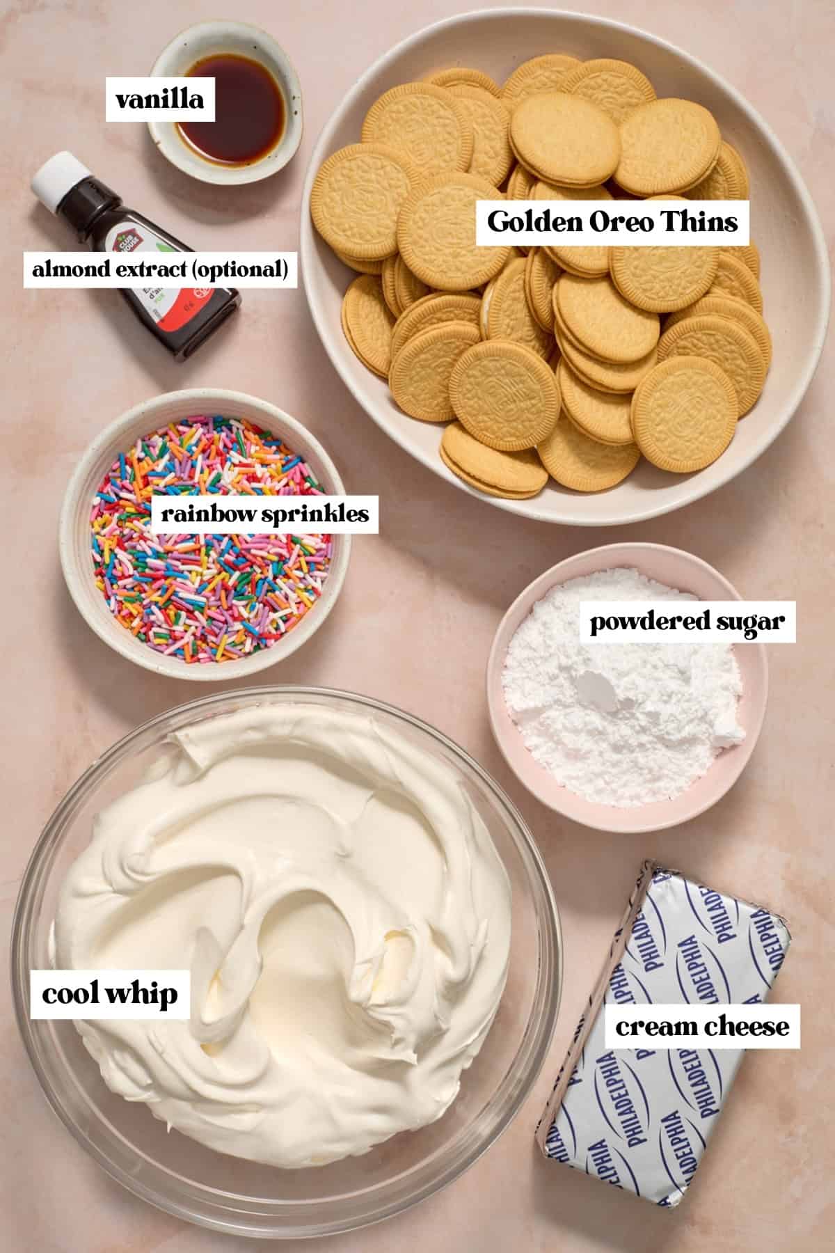Cream cheese, sprinkles, vanilla and other labeled ingredients.