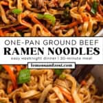 Bowl with ground beef ramen noodles and then chopsticks scooping up noodles.