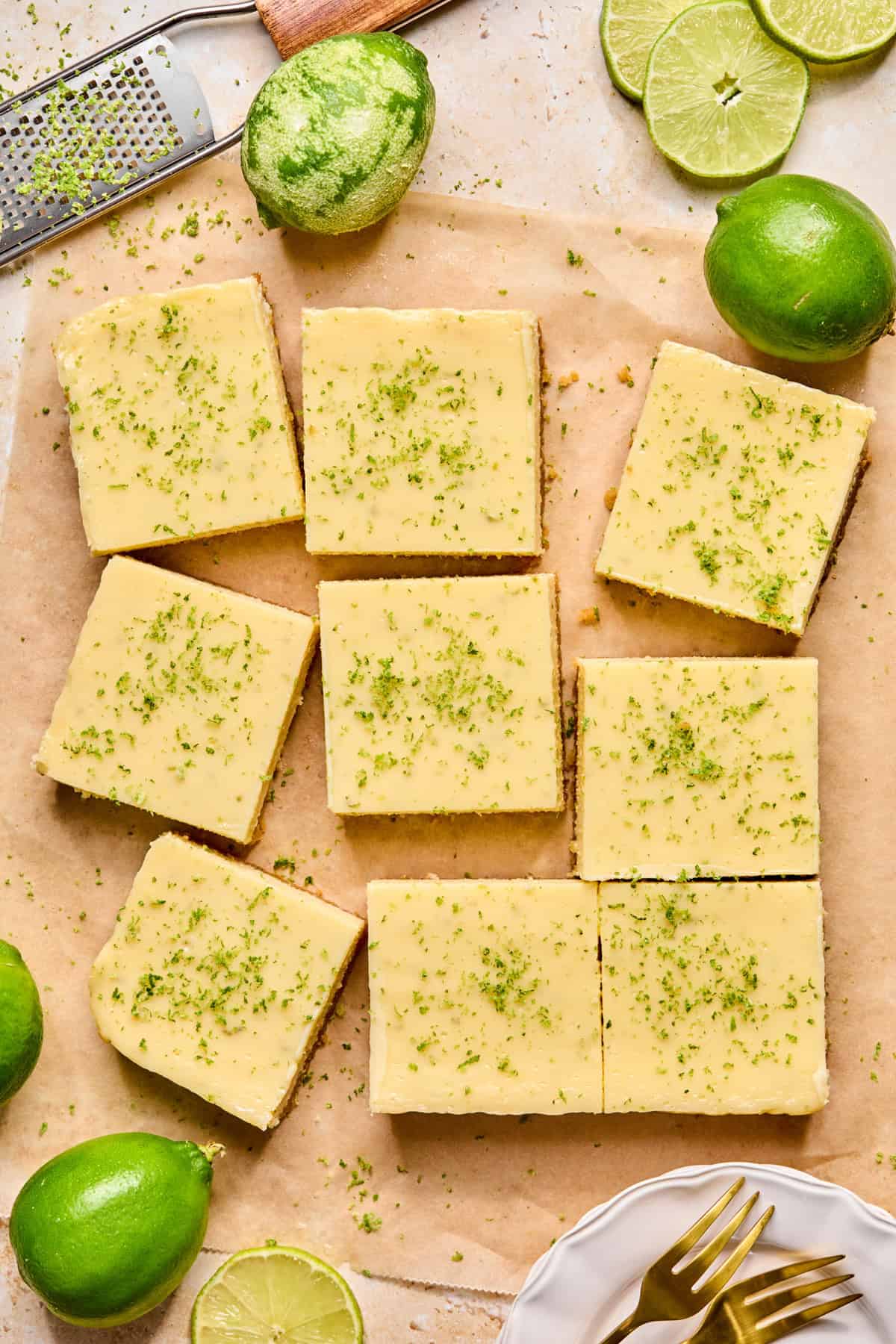 Overhead view of margarita lime bars on parchment paper.