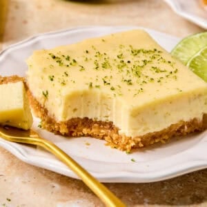 Creamy margarita bar on plate with forkful.