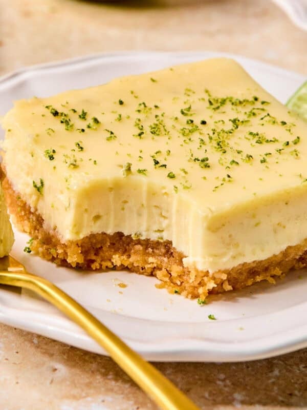 Creamy margarita bar on plate with forkful.