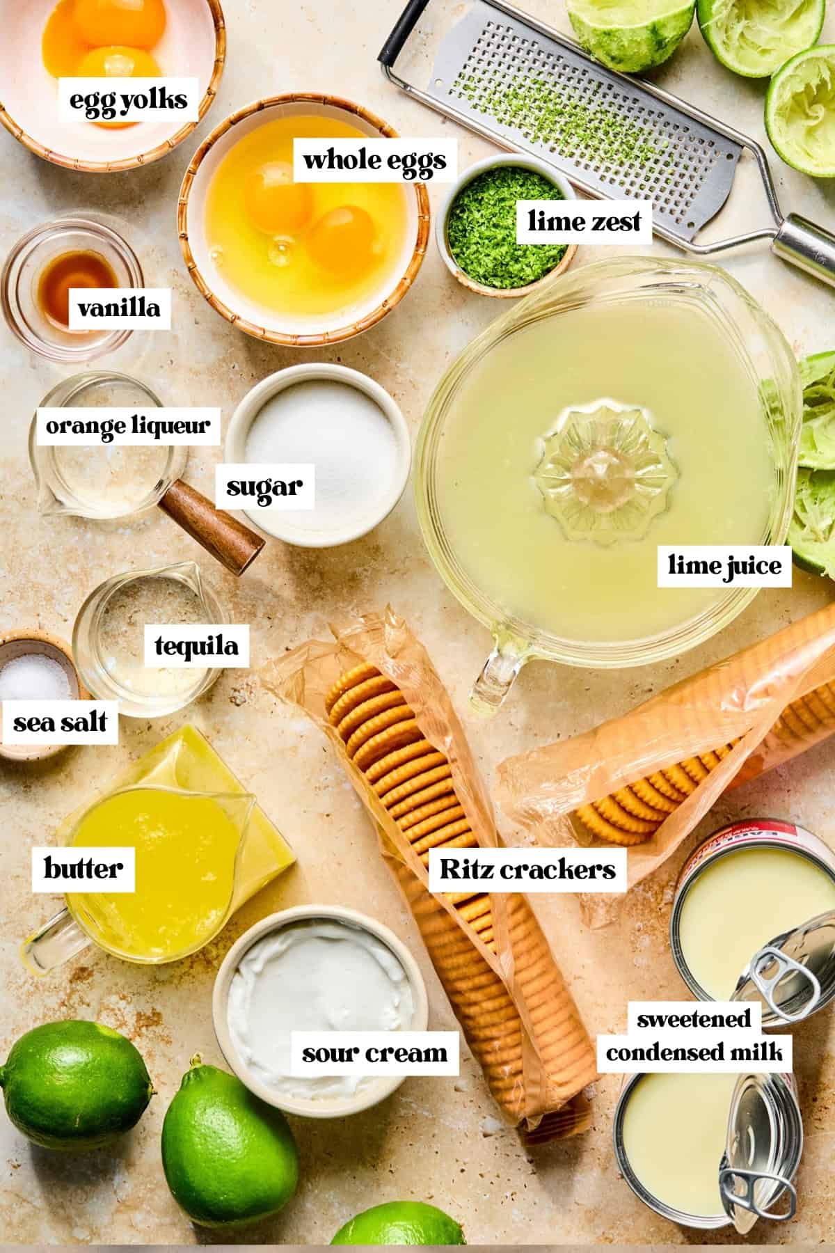 Lime juice, eggs, crackers, sugar and other ingredients to make recipe.