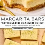 Lime bar on plate with fork and then sliced margarita lime bars on parchment.