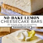 Slice of no-bake lemon cheesecake bar on plate and then with forkful taken to show texture.