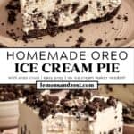 Side view of slice of Oreo ice cream pie and then forkful taken out of slice of pie.