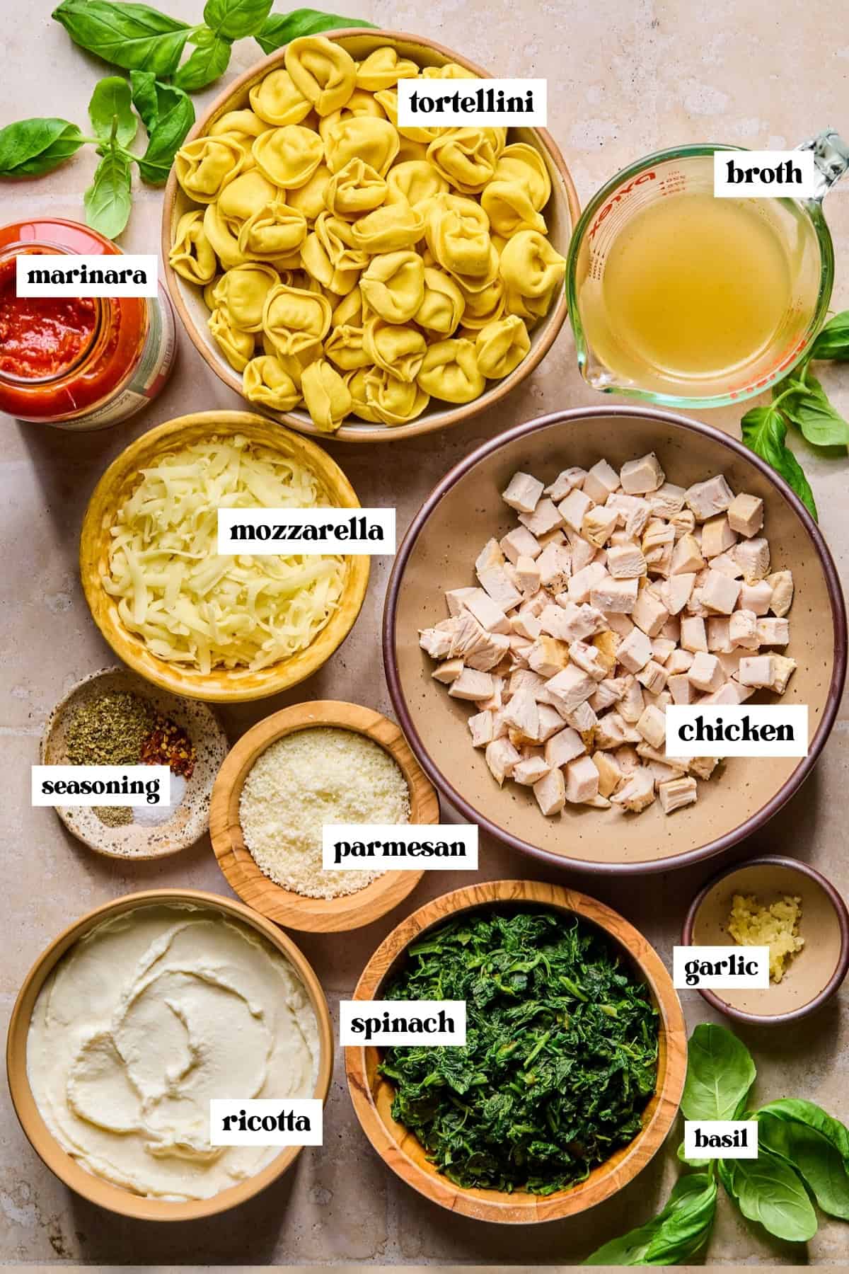 Ricotta, spinach, marinara, pasta and other ingredients labeled on surface.