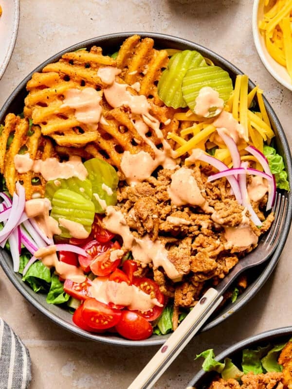 Bowl with ground turkey topped with burger sauce, waffle fries and other burger toppings.