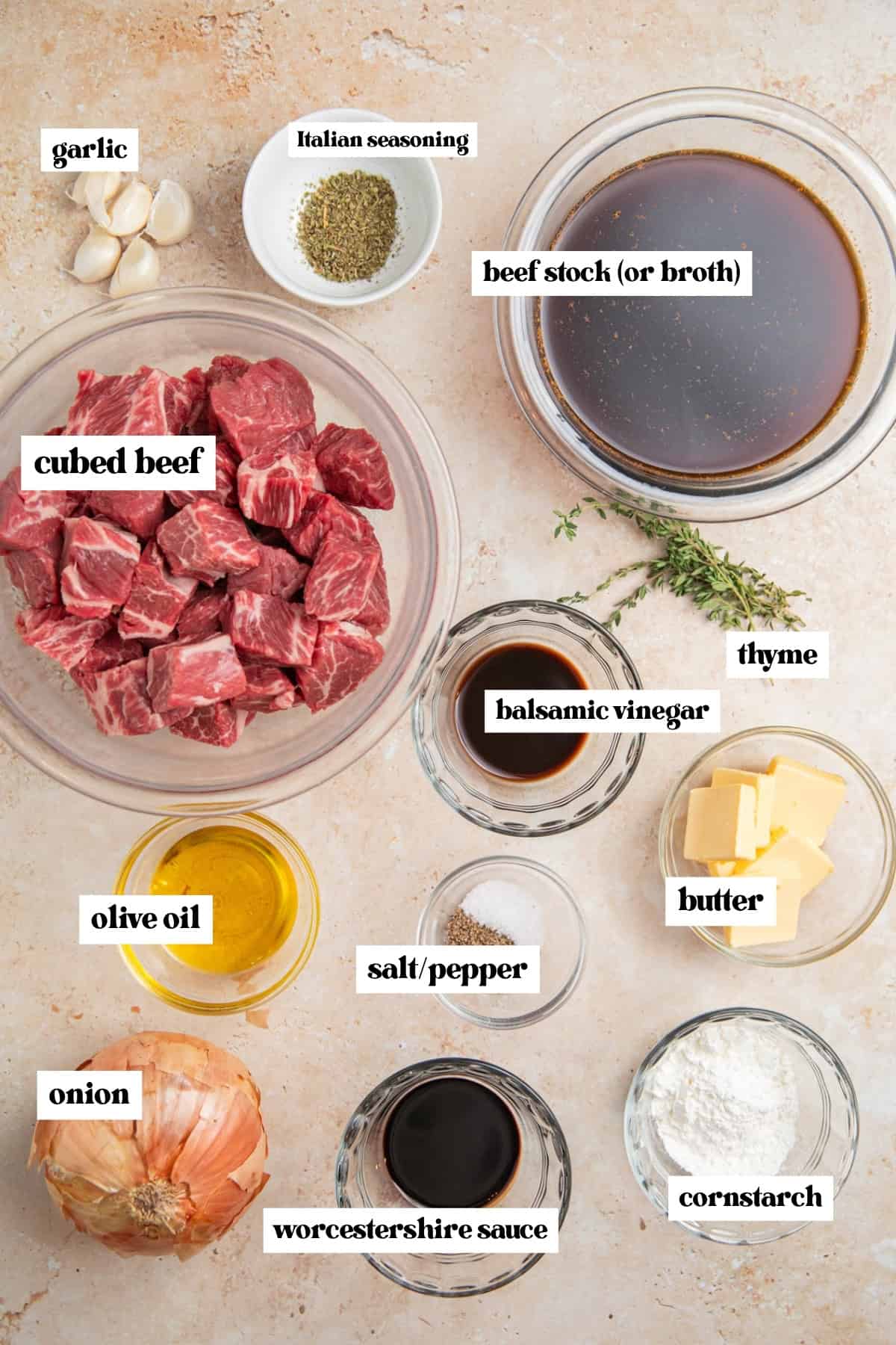 Cubed meat, broth, garlic, onion, seasoning and other labeled ingredients.