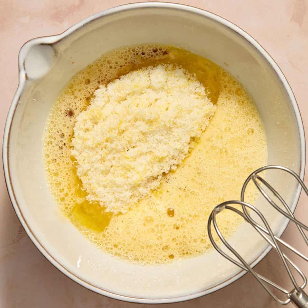 Beaten eggs with sugar and lemon zest added.