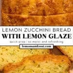 Overhead view of slices of glazed lemon zucchini bread and then slices arranged on parchment.