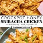 Crockpot honey garlic and sriracha chicken in crockpot and then served over rice with broccoli.