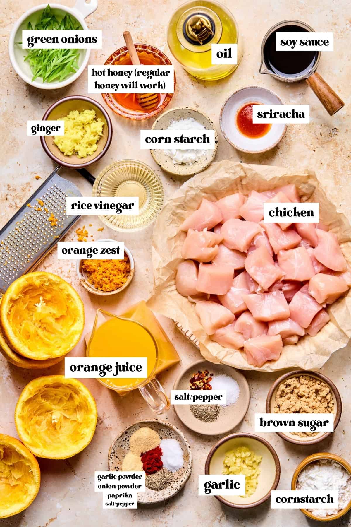 Chicken pieces, green onion, garlic, ginger, soy sauce and other labeled ingredients on surface.