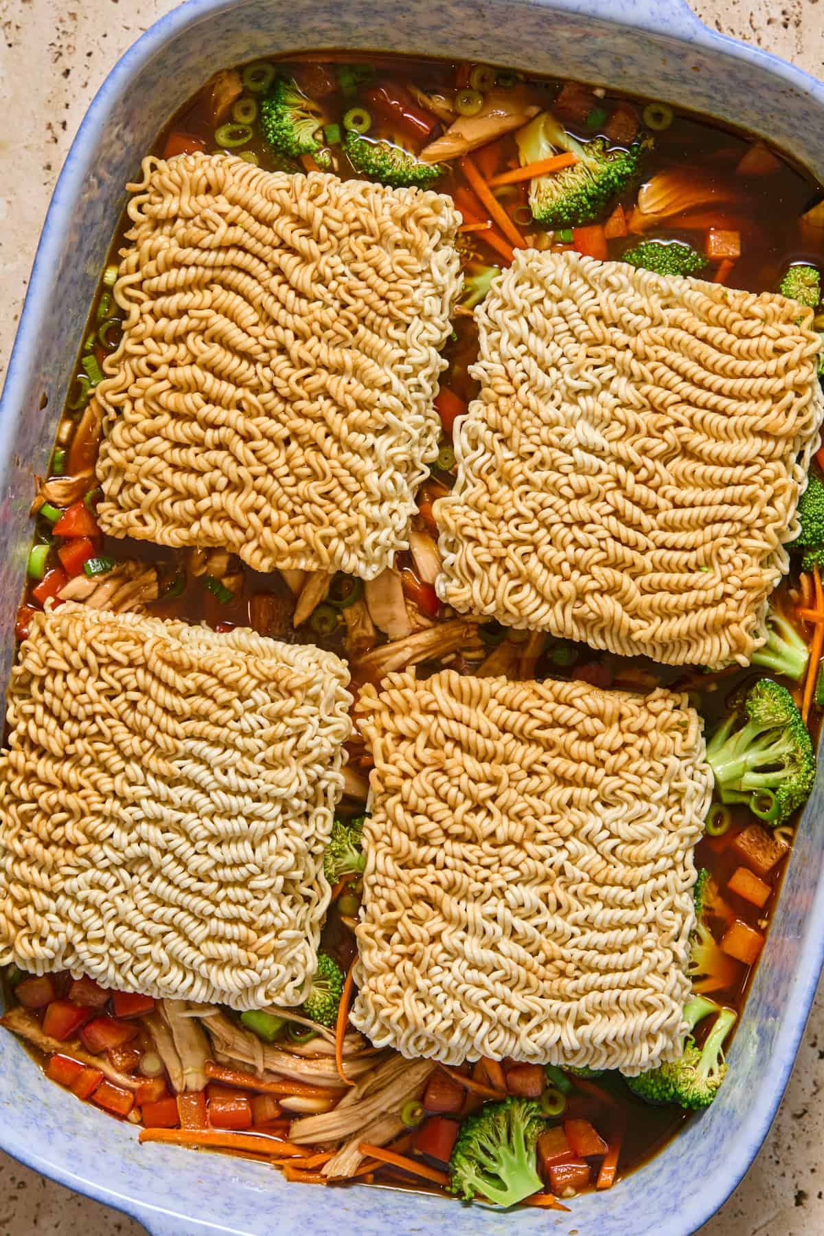 Chicken ramen bake halfway through baking.