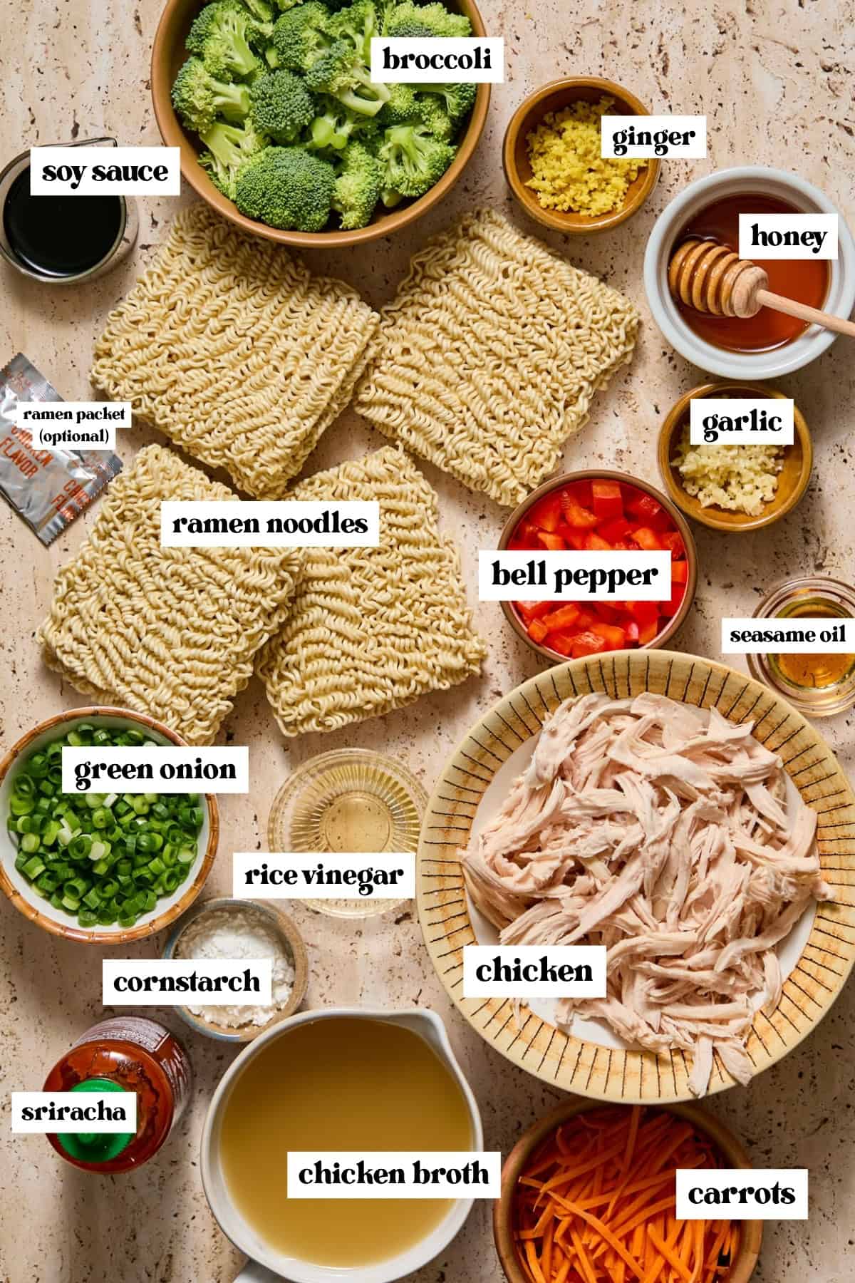 Pulled chicken, vegetables, garlic, ginger, soy sauce and other ingredients labeled on surface.