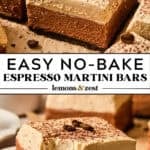Sliced espresso martini bars on parchment and then served on plate with fork taken out of dessert.