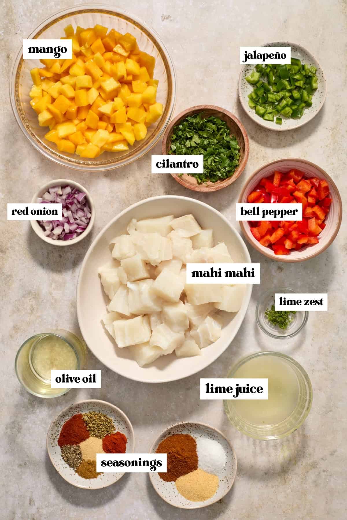 Fish, mango, cilantro, lime juice and other labeled ingredients.