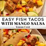 Corn tortillas with seared fish and topped with mango salsa.