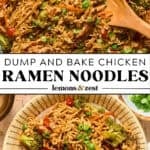 Casserole dish with chicken and ramen noodles and then served in plate topped with green onions.