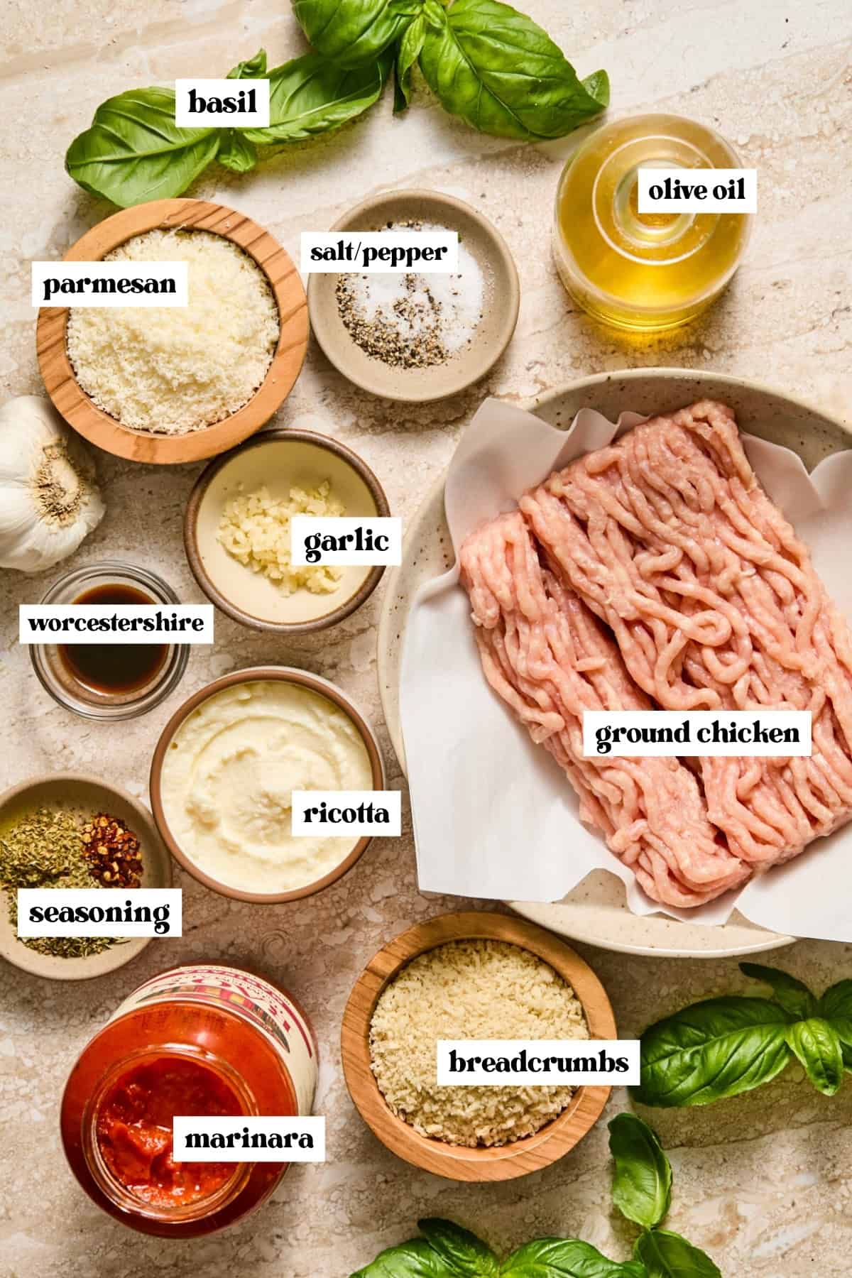 Ground chicken, marinara, seasonings, ricotta cheese and other labeled ingredients.