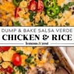 Pan with chicken and rice bake topped with cheese and garnish and then wood spoon scooping in.