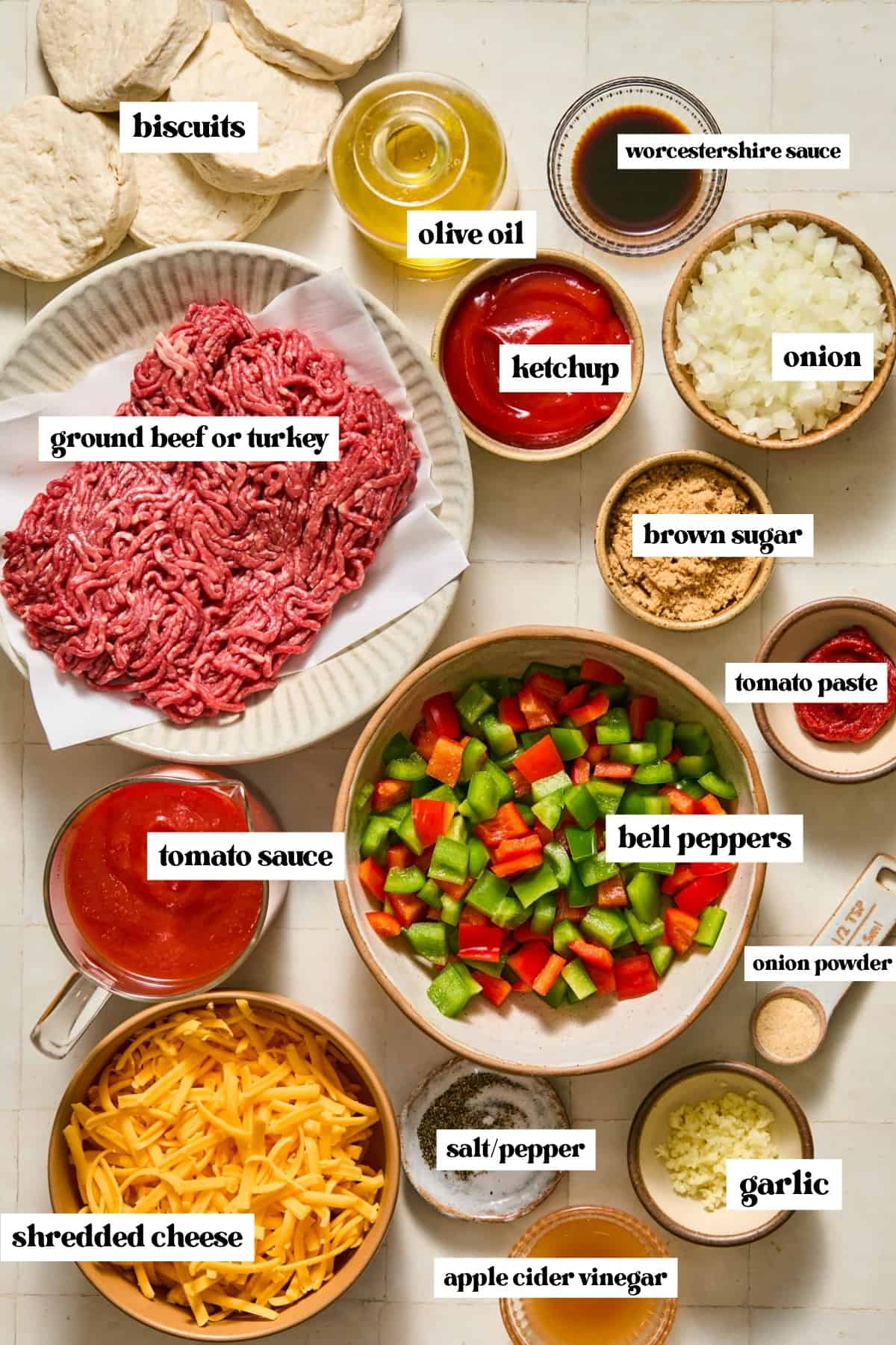 Meat, vegetables, ketchup, seasoning and other ingredients labeled on surface.