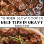 Crockpot with beef tips in gravy and then served over mashed potatoes with fresh thyme.