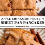 Sliced apple cinnamon pancake on sheet pan and then served on plate with maple syrup.