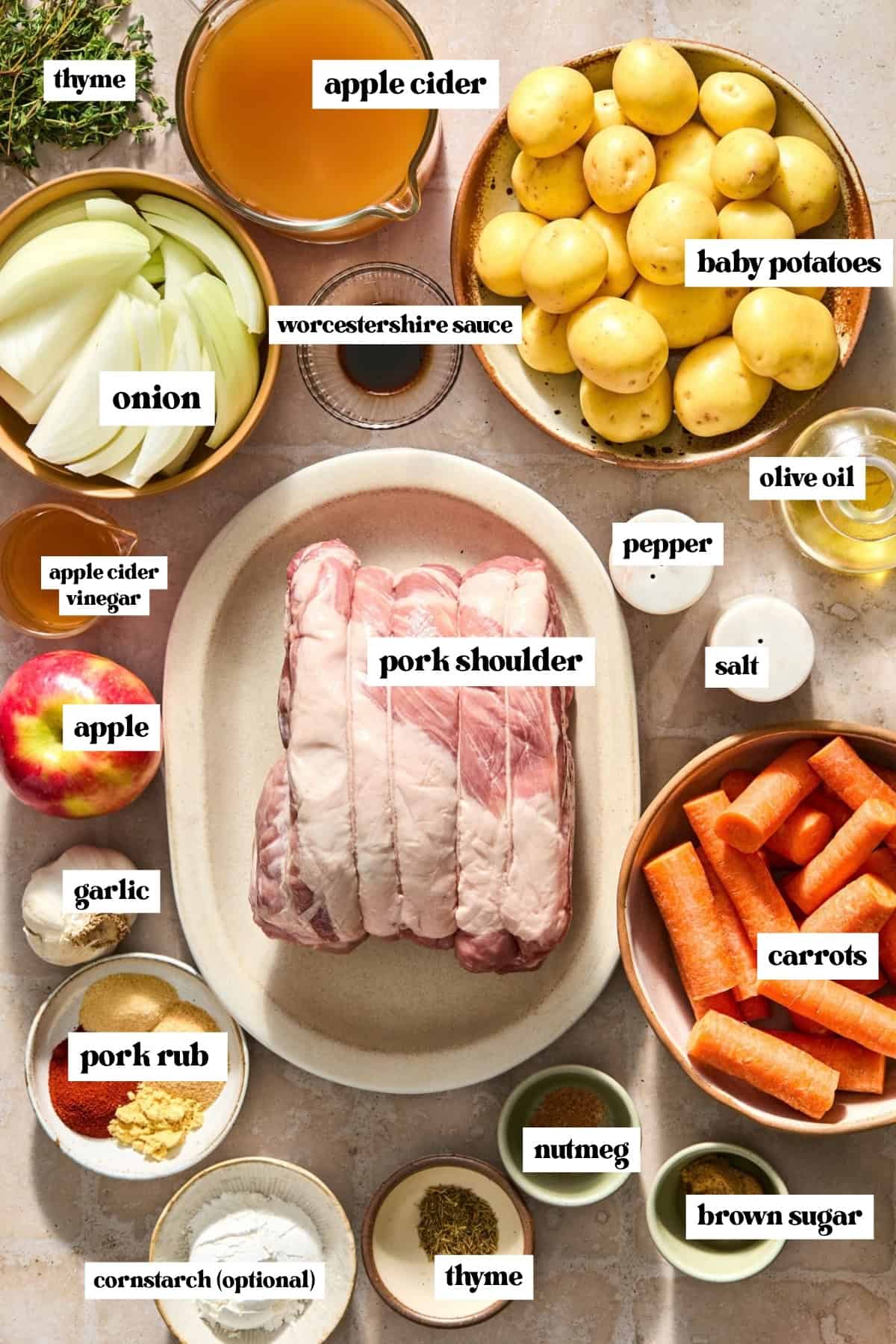 Potatoes, carrot chunks, pork shoulder and other ingredients labeled.