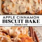 Pan with apple pie biscuit bake and then served on plate with fork and cinnamon stick.