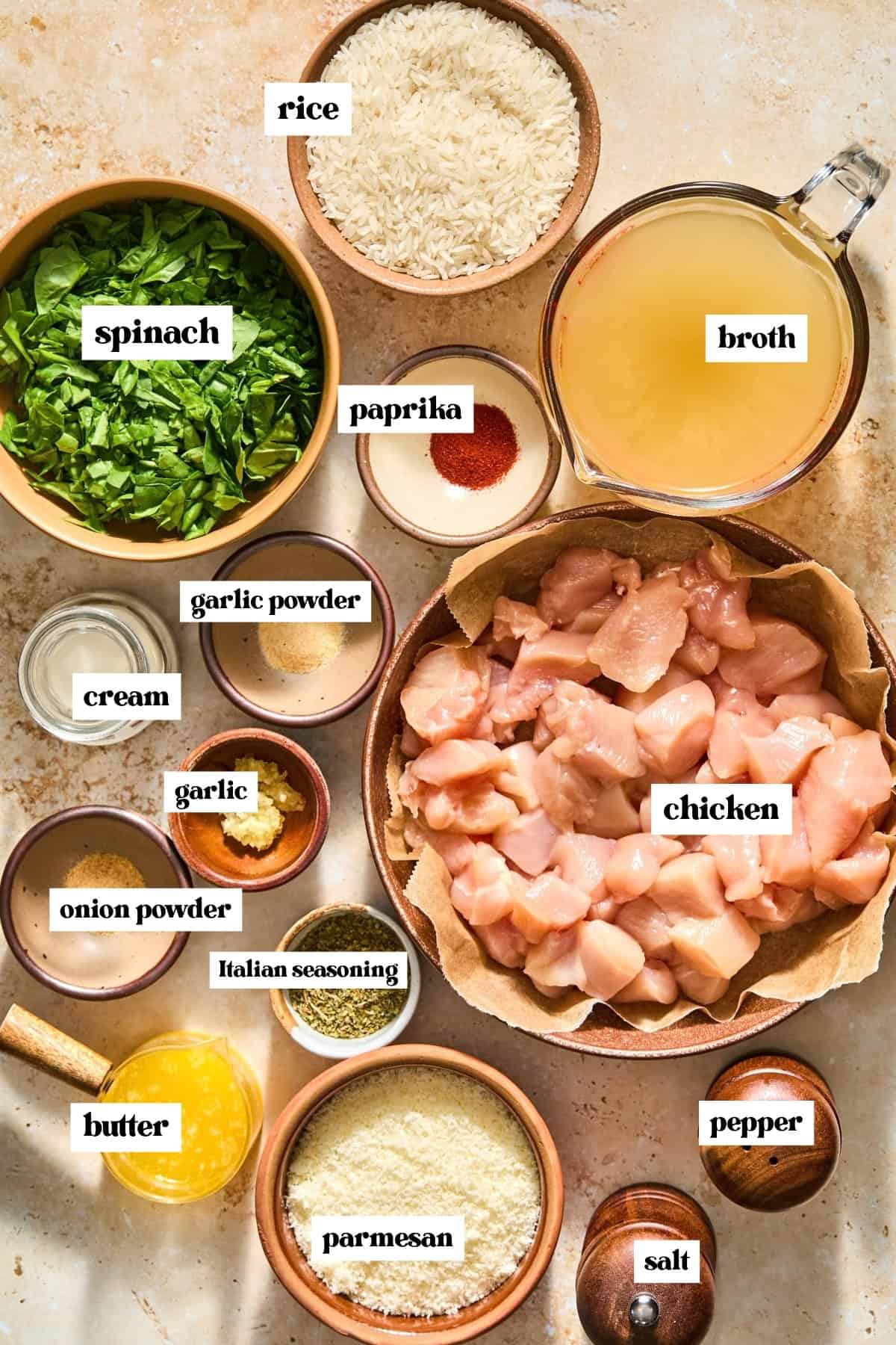 Chicken, rice, broth, butter and other ingredients labeled on surface.