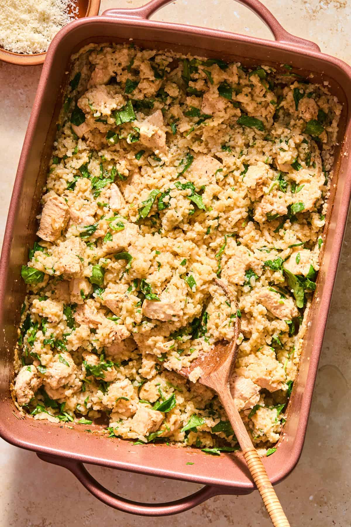 Dump and bake butter herb chicken and rice in pan.
