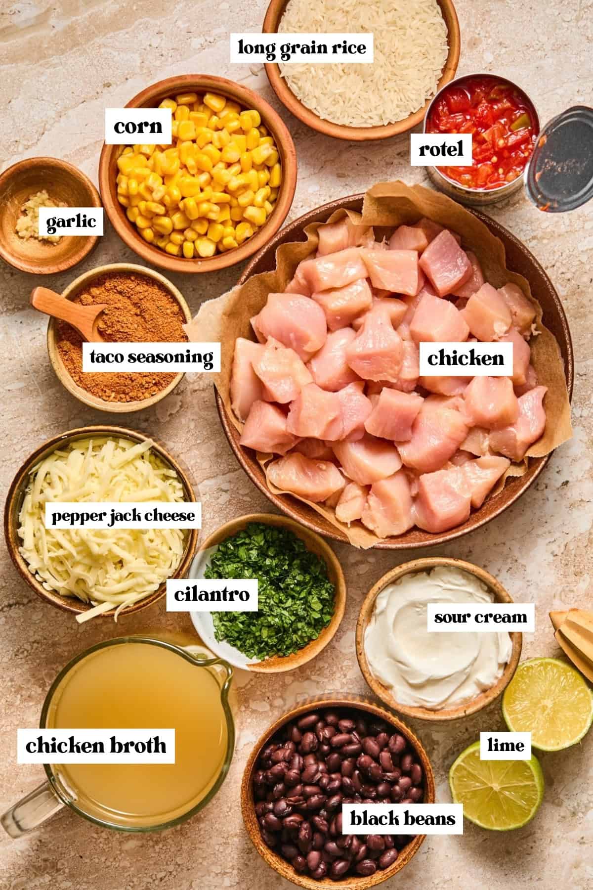 Chicken cubed, rice, rotel, cilantro and other labeled ingredients.