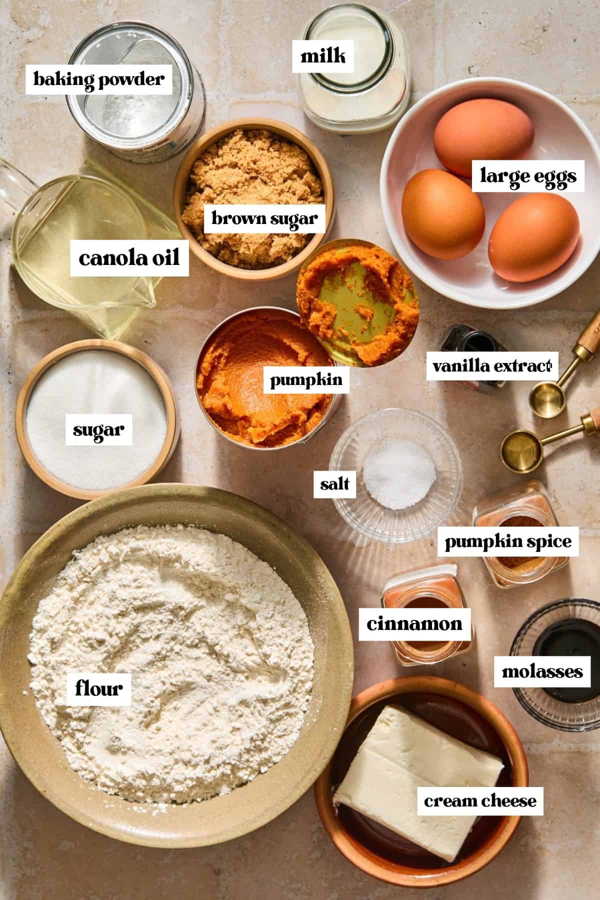 Flour, oil, eggs, cream cheese and other labeled ingredients for recipe.