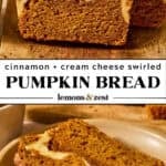 Loaf of pumpkin bread with a cinnamon sugar swirl and then cream cheese swirl in the center.