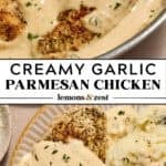 Garlic parmesan sauce over chicken cutlet in skillet and then served on plate with green beans and mashed potatoes.