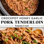 Crockpot pork tenderloin in slow cooker and then served on plate.
