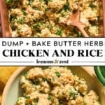 Baking dish with herbed chicken and rice and then served in dish.