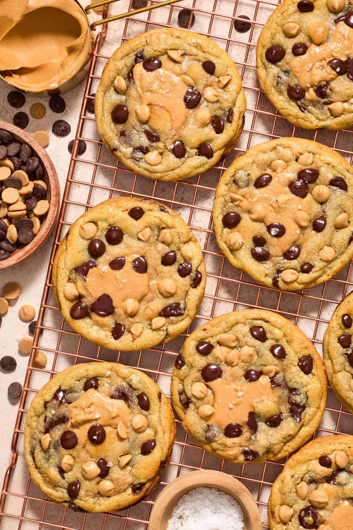 Cooling rack with peanut butter filled cookies.