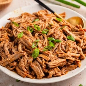 Pulled honey garlic pork tenderloin on plate with serving utensils.