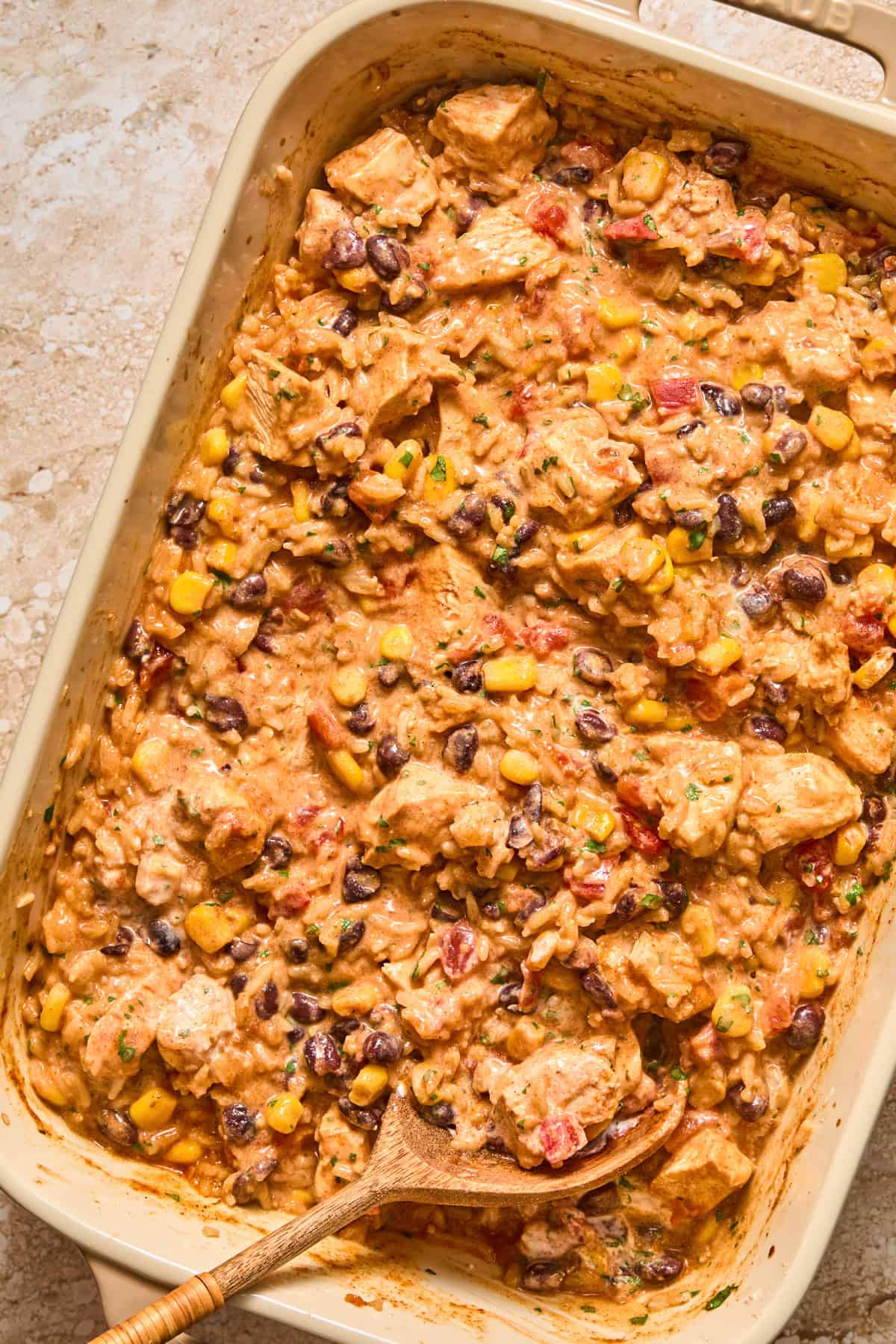 Sour cream and cilantro stirred into chicken and rice mixture.