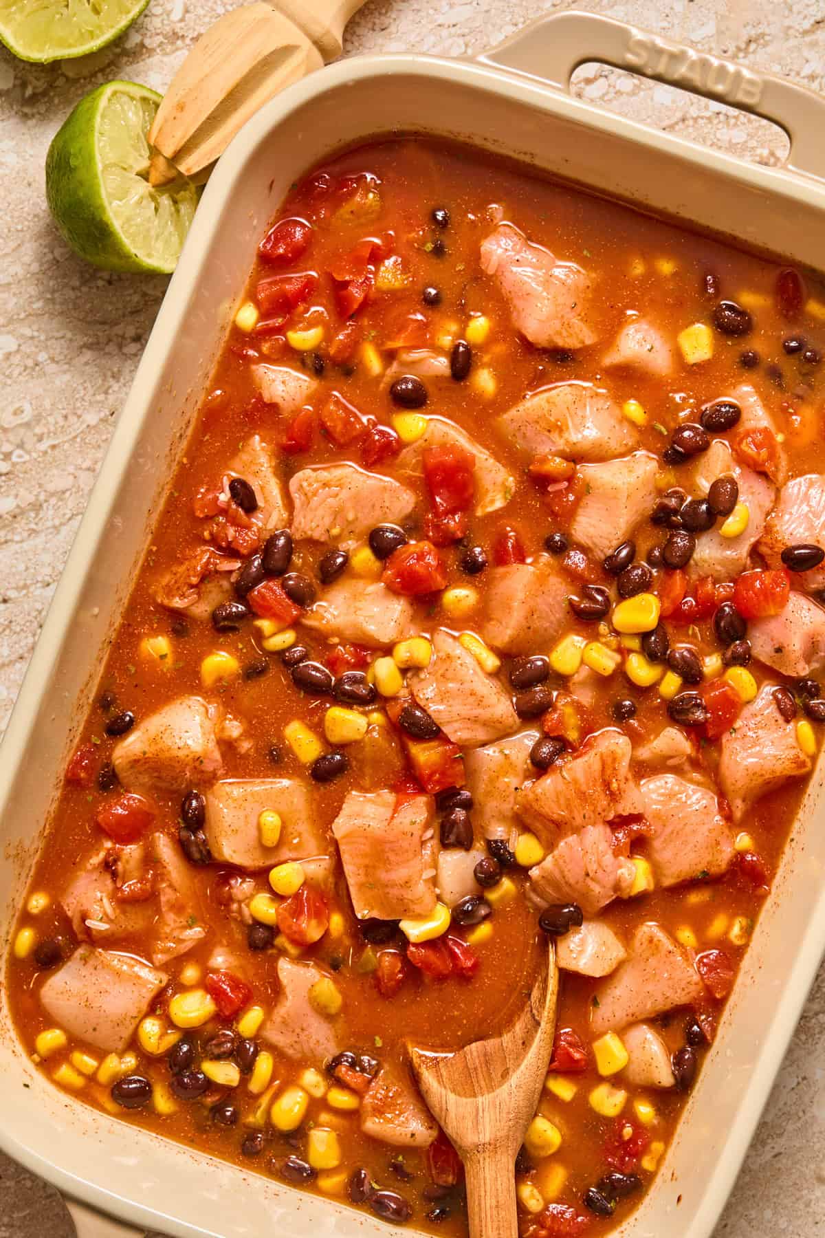 Taco chicken and rice mixture before baking.